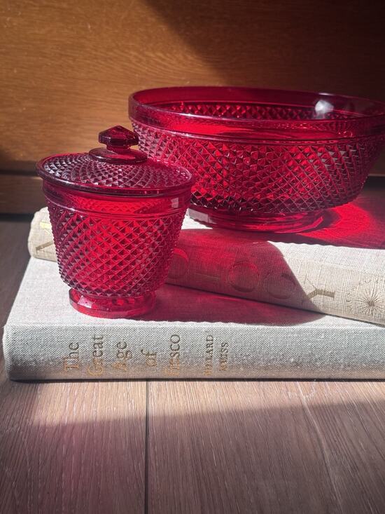 Unmarked Other - Vintage Estate European Ruby Red Art Glass Bowl Covered Dish Diamond Point Set